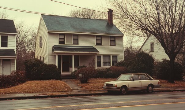 A white two-story house with a porch, a car parked in front, and a tree in the background.