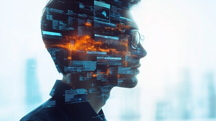 Double exposure a data analyst using technology AI for working tool for data analysis Chatbot Chat with AI, using technology smart robot AI, artificial intelligence to generate something or Help solve