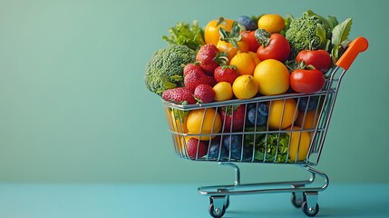 A shopping cart overflowing with fresh produce, including broccoli, strawberries, lemons, and tomatoes, against a turquoise background.