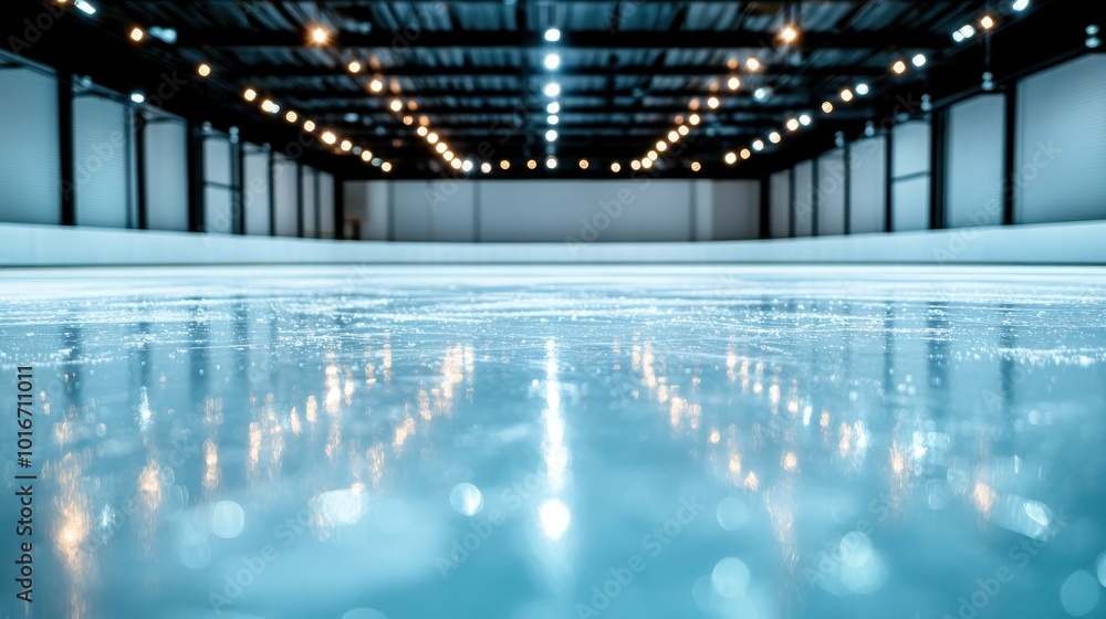 Wall mural A serene view of an empty ice rink, reflecting lights and freshly polished ice, creating an atmosphere of calm and anticipation, ideal for skating lovers.