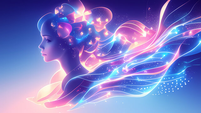 Abstract head exploding into colorful, fluid designs.