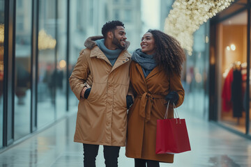 Happy couple shopping before Christmas