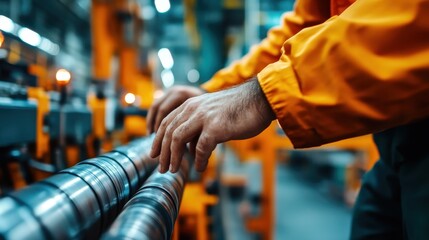 A factory worker is closely examining machinery within an industrial environment, demonstrating attention to detail and the importance of safety and productivity.