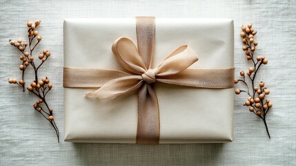Fototapeta premium Gift box with gold ribbon and sprigs.