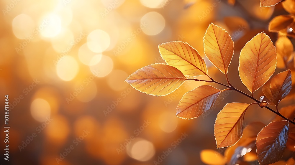 Poster A close-up of vibrant orange leaves illuminated by soft sunlight, creating a serene atmosphere filled with bokeh effects.