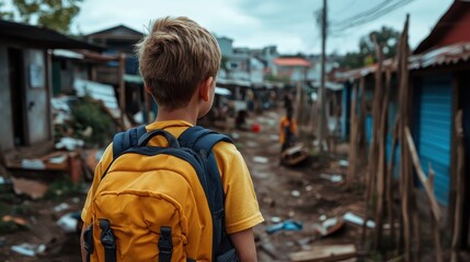 Obraz premium A young boy with a yellow backpack looks forward into a busy village street, capturing a moment of curiosity and wonder amidst a rustic urban setting.