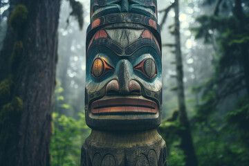 An intricately carved totem pole, symbolizing Indigenous traditions, is set against a backdrop of a serene forest