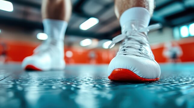 Close-up image of a boxer's footwork in white and red boxing shoes, highlighting their agility and precision on a textured gym floor, ready for action. - Powered by Adobe