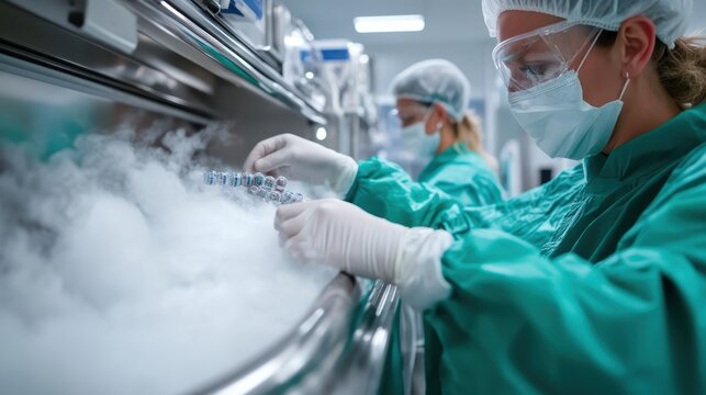 Researchers in protective clothing carefully manage samples in a high-tech cryo facility, underscoring precision and dedication in crucial scientific research processes.
