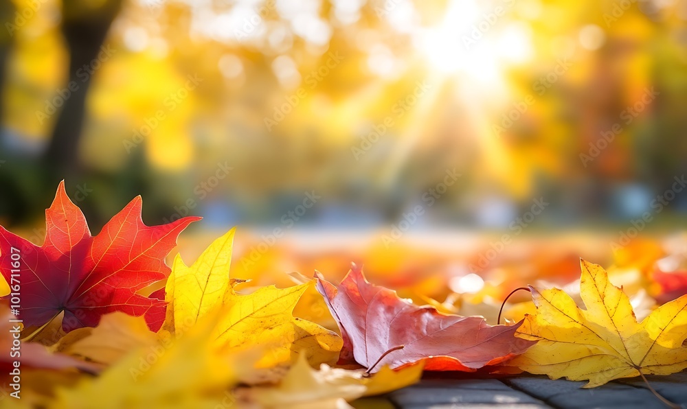 Poster a vibrant autumn scene with colorful leaves scattered on the ground, illuminated by the warm sunligh