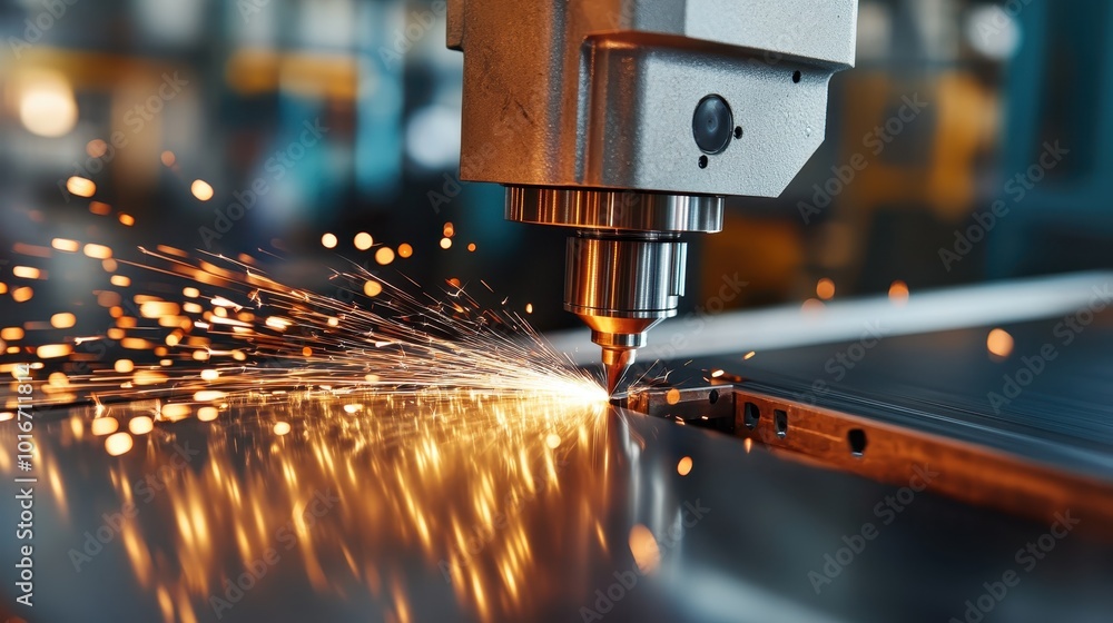 Poster a close-up view of industrial machinery creating sparks while working on metal, capturing the energy