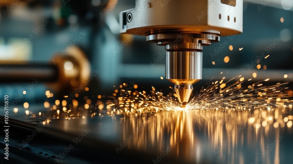 Poster in an industrial environment, a precision machine is cutting materials, generating an array of flyin