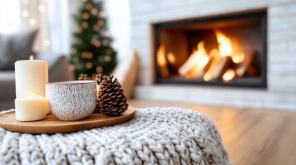 A cozy living room is beautifully decorated with a knitted blanket, lit candles, and a roaring fireplace, creating a warm and inviting atmosphere suitable for winter relaxation.