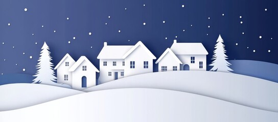 An illustration of a snowy winter landscape with white houses and fir trees in a dark blue background. This is a Christmas background.