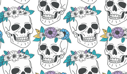 Hand-Drawn Skull and Flower repeating Pattern, for fashion, decor, creative projects