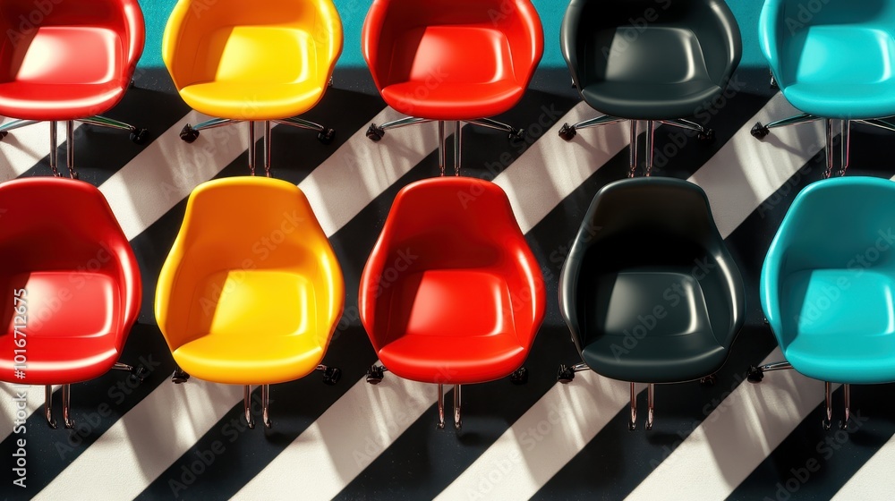Poster an array of vibrantly colored chairs are neatly arranged on a striking geometric floor pattern, show