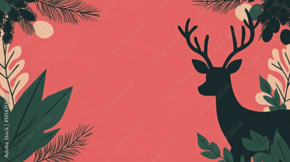 Poster stylized digital featuring a silhouetted reindeer and christmas trees framing a red and green abstra