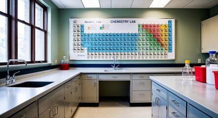 Chemistry lab with periodic table and lab benches
