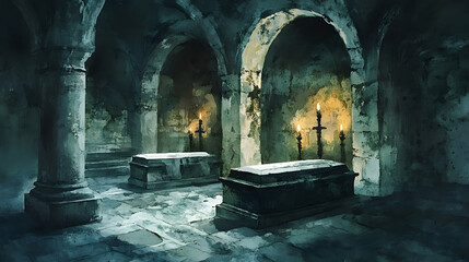 Gothic Halloween, Ancient crypt stone coffins candlelit ambiance