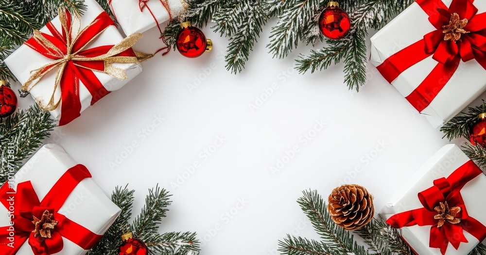 Sticker An artistic frame with Christmas fir branches, gift boxes, red decorations, sparkles, and confetti on white background. Xmas and New Year holiday, flat lay, top view.