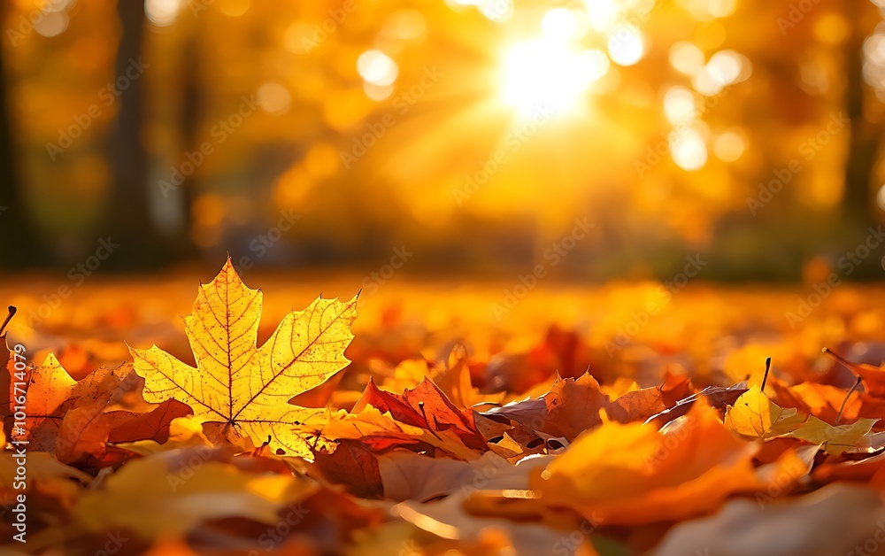 Poster a serene autumn scene featuring colorful fallen leaves illuminated by warm sunlight, creating a peac
