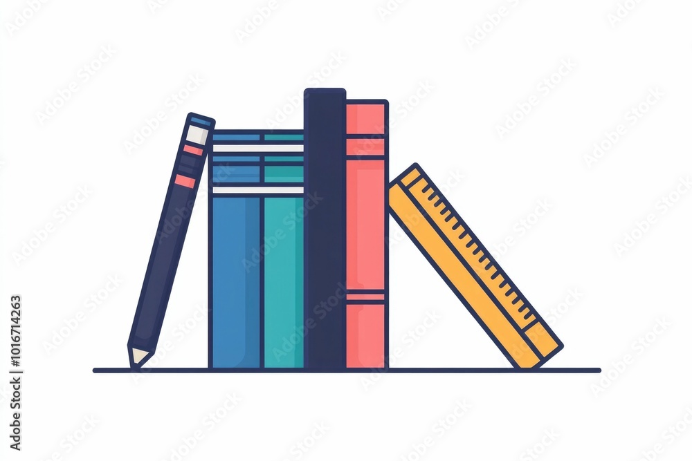 Poster minimalist icon depicting a stack of books a pencil and a ruler centered on a clean white background