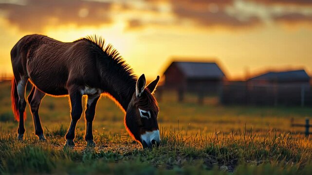 Donkey grazing peacefully in the warm glow of golden hour light