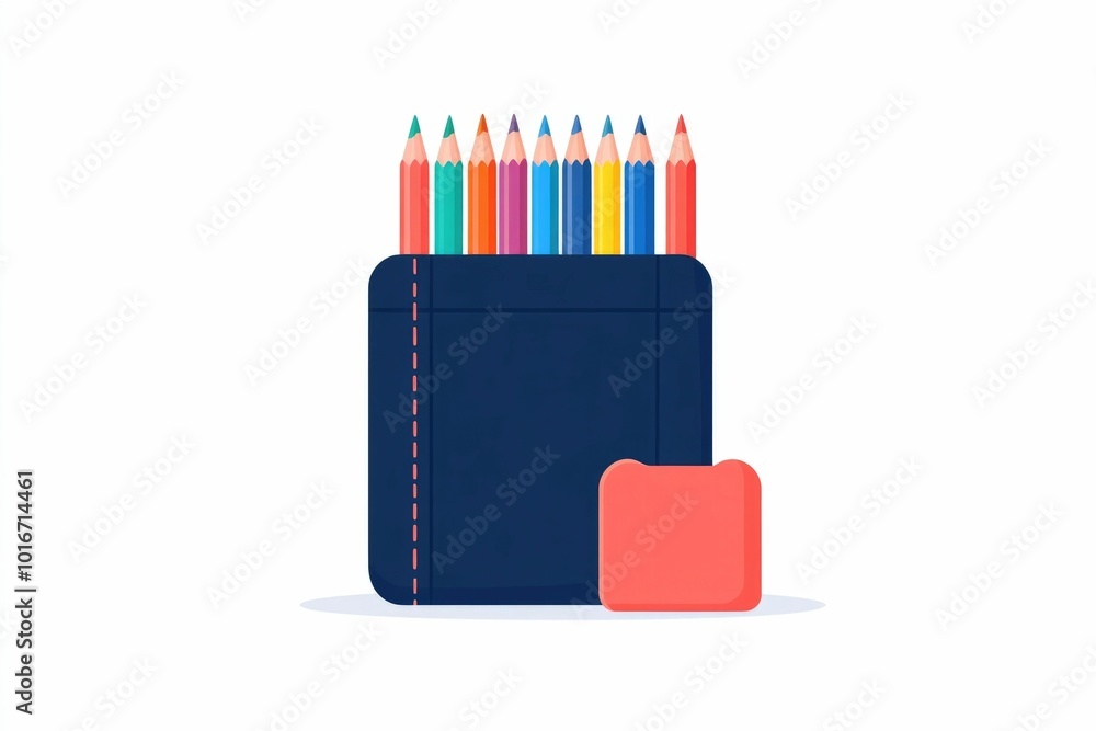 Poster simple and clean of a pencil case with colored pencils and eraser arranged in a centered grouping on