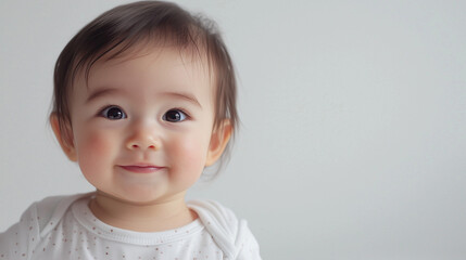 a portrait of a happy Asian baby girl with a white background, right copy space