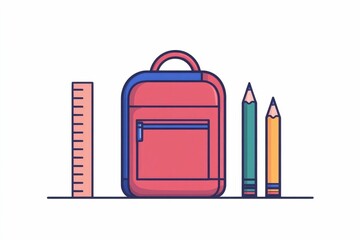icon of a backpack ruler and pencil case in a flat simple design style  Isolated on a clean white background this graphic represents school supplies education and basic office or desk essentials