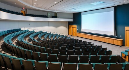 College lecture hall with tiered seating and large projector screen