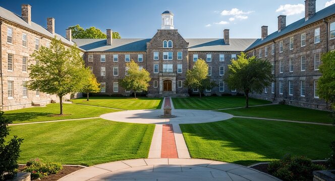 College campus quad with green lawns and stone buildings