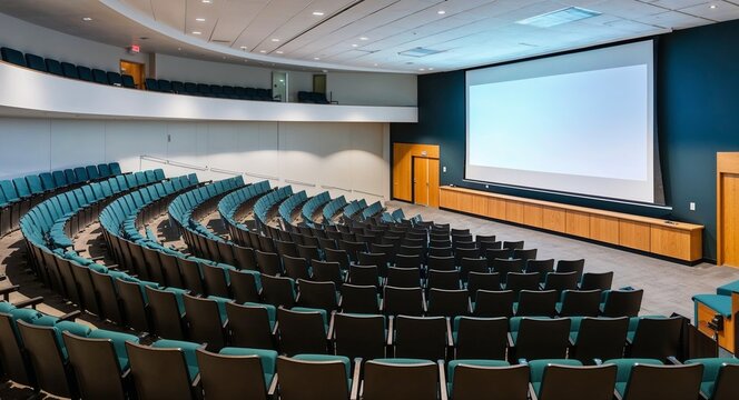 College lecture hall with tiered seating and large projector screen