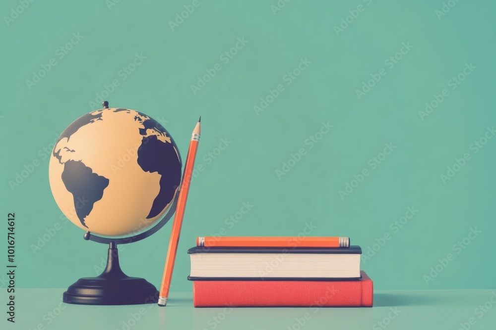 Poster minimalist depicting a simple design of a globe pencil and notebook icons representing concepts of e
