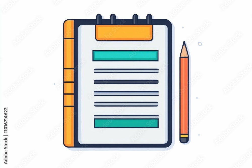 Poster icon depicting a calculator notebook and pencil arranged in a clean simple style on a white backgrou