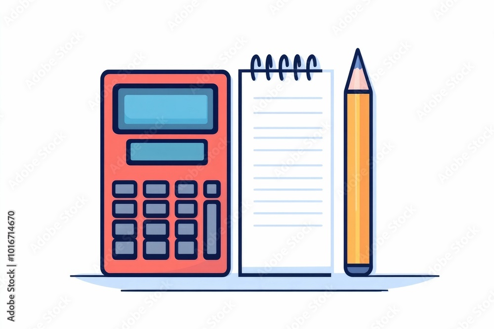 Poster minimalist icon depicting a calculator notebook and pencil on a clean white background representing 