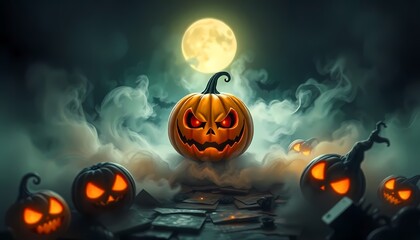 Fototapeta premium A menacing jack-o-lantern glows ominously in the moonlight, surrounded by other pumpkins and fog