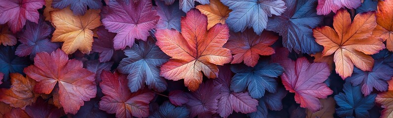 Fototapeta premium A colorful arrangement of leaves in various shades of red, orange, and blue, creating a visually striking natural pattern.