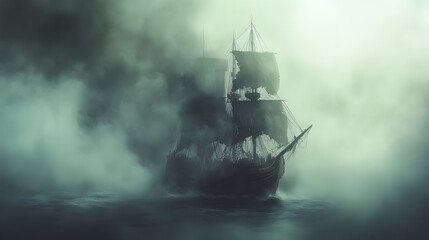 Halloween Pirate Ship, Cursed pirate ship sailing through an eerie sea