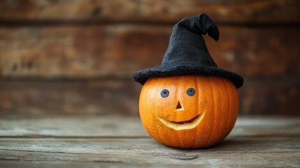 Humorous pumpkin wearing a black hat on wooden surface