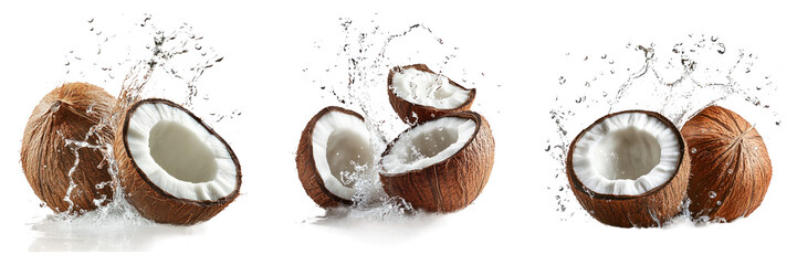 Cracked coconut pieces with splashing milk isolated on transparent background food PNG for tropical recipe illustrations or exotic cuisine designs