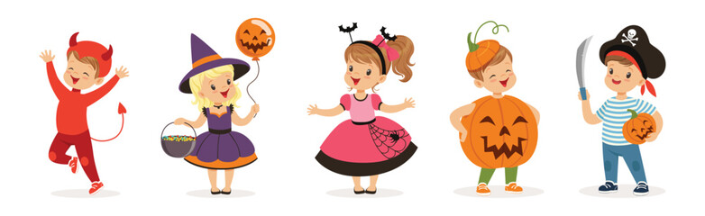 Cute Children in Halloween Costume Celebrate Holiday Vector Set