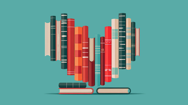 Heart-shaped arrangement of books, flat design illustration featuring vibrant colors, inviting composition with ample copy space for text or messaging, perfect for literary themes.
