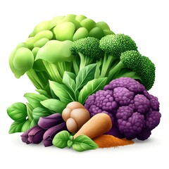 A colorful assortment of fresh vegetables, including broccoli, cauliflower, and leafy greens, showcasing vibrant colors and textures.