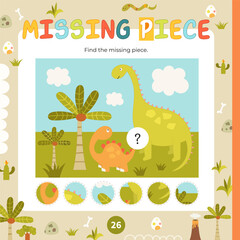 Find the correct  missing piece for picture with dinosaurs. Cute Dinosaur activities for kids. Vector illustration. Matching game. Square page for Dino Activity Book.