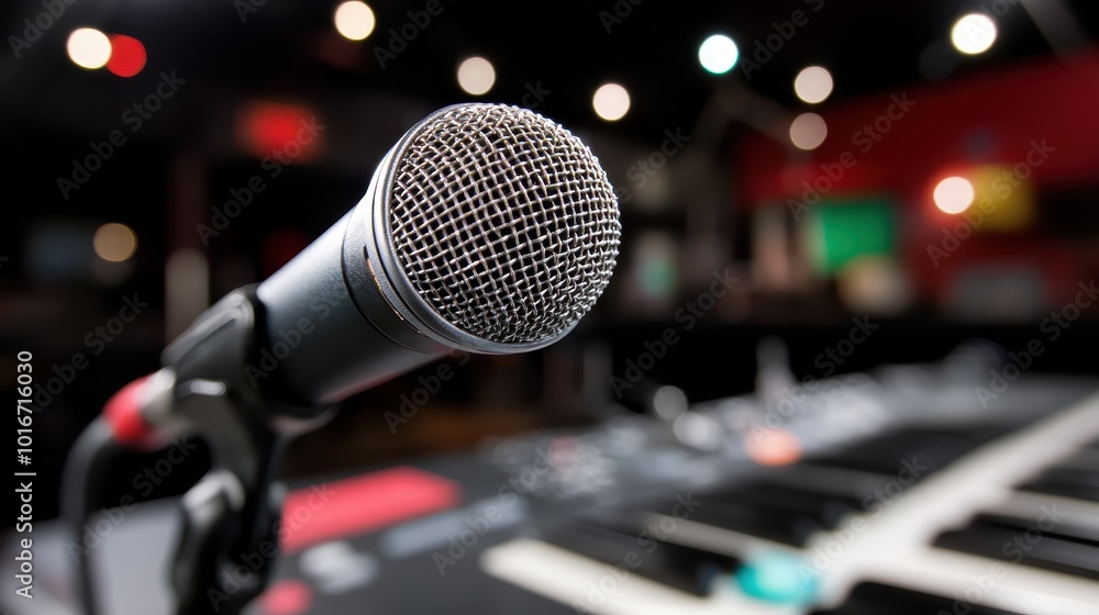 Poster a professional setup with a microphone and a keyboard, a perfect combination for creating and record