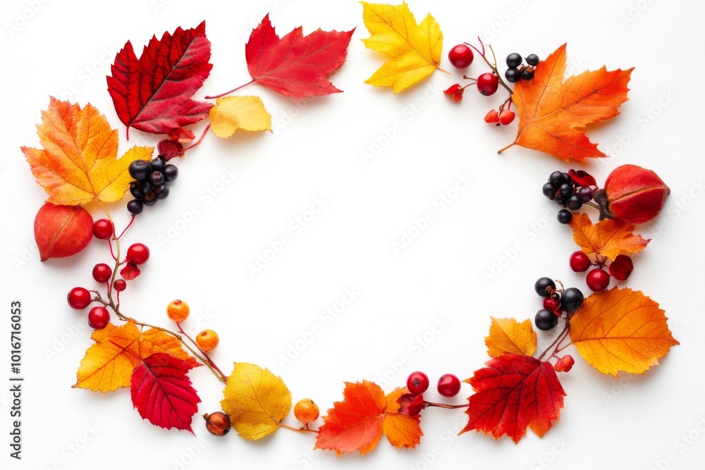 Poster a beautiful composition of autumn leaves on white background with space to add text.