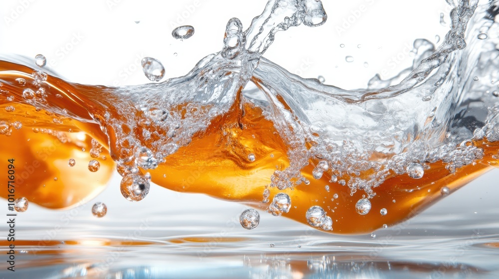 Poster orange liquid dynamically intertwines with water splashes, creating a motion-filled abstract image t