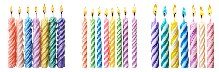 Colorful spiral birthday candles isolated on transparent background PNG for party invitations or festive celebration decorations