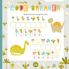 Dinosaur activities for kids. Find the hidden words in Code Breaker. Logic games for children. Vector illustration. Square page for Dino Activity Book.